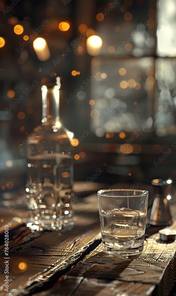 A cozy evening setting with a glass and bottle on a table illuminated by warm lights