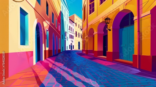A playful pop art interpretation of a winding cobblestone street, colorful buildings, and stylized shadows