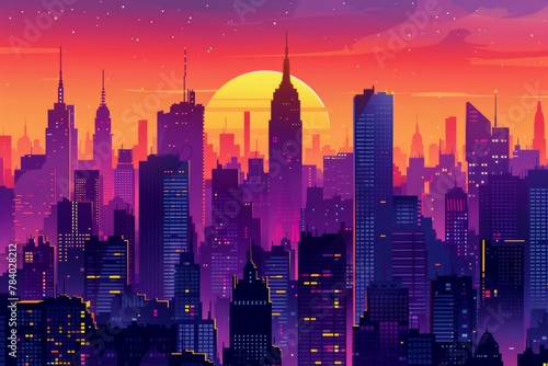 A pop art cityscape at sunset, bold outlines, skyscrapers awash in vibrant orange and purple hues