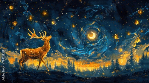 adventurous deer tee depicting a leaping deer under a starry night sky photo
