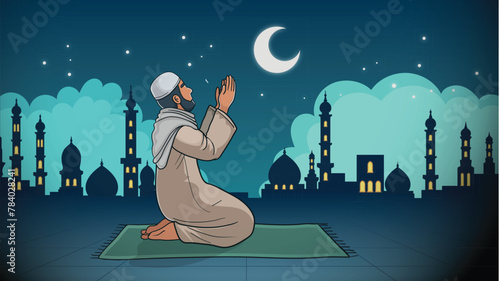 Muslim sheikh, praying, standing in front of mosque, cartoon