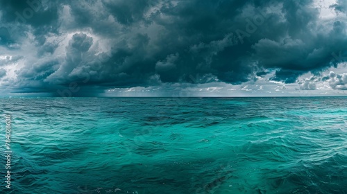 A storm brewing over the ocean, dark clouds contrasting with turquoise water, panoramic format