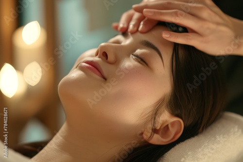 a person receives a shiatsu massage, the practitioner applying pressure to specific energy points photo