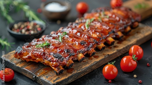   A wooden cutting board holds ribs smothered in BBQ sauce, garnished with choice accompaniments photo
