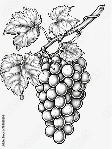 Detailed black and white line drawing of a bunch of grapes with leaves.