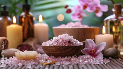 wooden bowl with pink Himalayan salt  oils and spa deco  immersion bath  relaxation