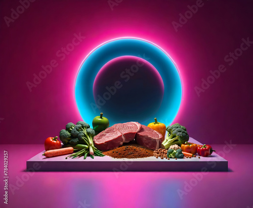 Raw steak surrounded by assorted vegetables such as bell peppers, broccoli, carrots, and lentils on a cutting board with a neon circle light (ID: 784029257)