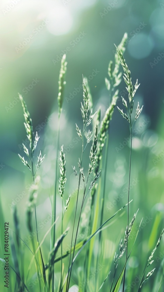 Blades of grass in a meadow softly swaying in the breeze, realistic focus on the textures and play of light