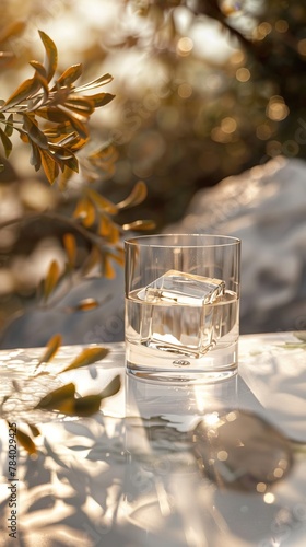 A glass of water with ice is illuminated by soft sunlight amidst a natural backdrop