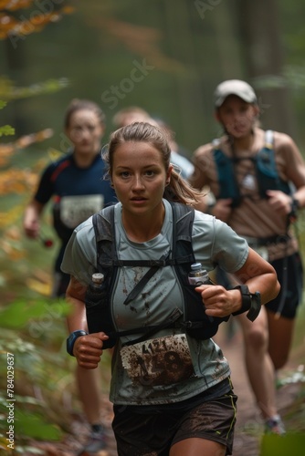 Close-up of a runners focused expression as they navigate a challenging section of trail © ktianngoen0128