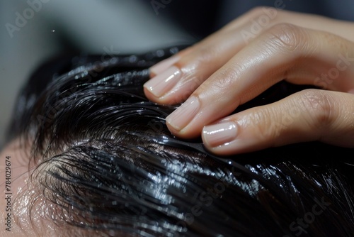 Close-up of a scalp massage, fingers moving through hair, stimulating blood flow, and releasing tension at the hairline photo
