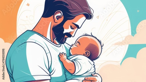 A man is holding a baby in his arms. The baby is wrapped in a blanket