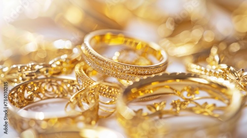 A pile of gold wedding rings on a table. Perfect for wedding and jewelry concepts