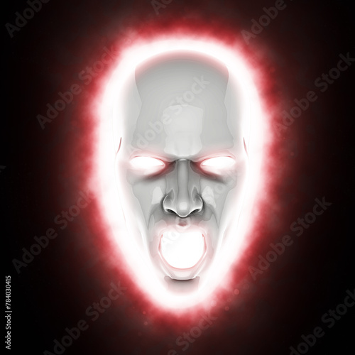 Uncanny white screaming face mask with bright red glowing eyes - 3D Illustration