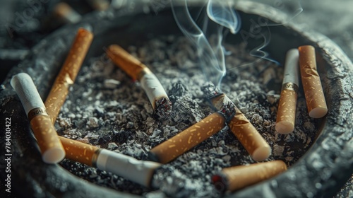 A bunch of cigarettes in an ashtray. Ideal for anti-smoking campaigns