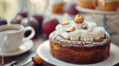 A delicious cake on a plate next to a cup of coffee. Perfect for food and beverage concepts