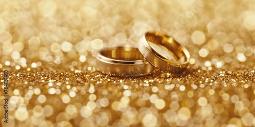 Two wedding rings placed on a shiny surface, perfect for wedding concepts
