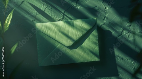 A green envelope placed on a table, suitable for various business and office concepts