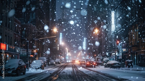 A city street covered in snow at night. Perfect for winter cityscapes © Fotograf