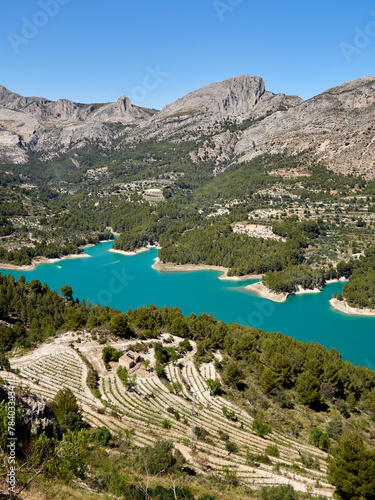 Turquoise water in Guadalest Reservoir. Marina Baixa, province of Alicante, Comunidad Valenciana, Spain, Europe