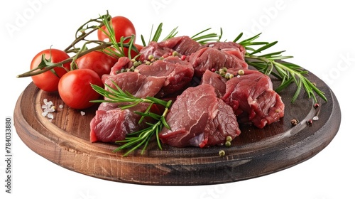 Raw meat on a cutting board with fresh tomatoes and rosemary sprigs. Great for food and cooking concepts