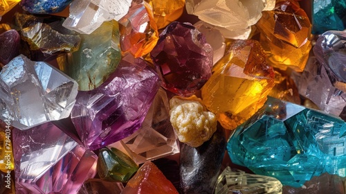 A pile of different colored crystals on a table. Perfect for crystal healing and home decor