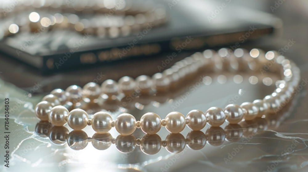 A detailed shot of a pearl necklace on a flat surface. Suitable for jewelry or fashion concepts A detailed shot of a pearl necklace on a flat surface. Suitable for jewelry or fashion concepts