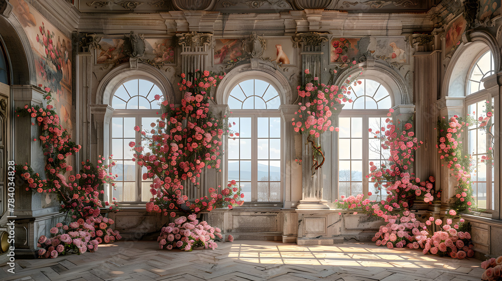 Luxury Palace hall Interior with big windows and walls decorated with frescoes and murals pink roses and flowers compositions. Wedding background. Classic castle interior