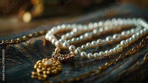 Close up of a necklace on a table. Perfect for jewelry or fashion themes