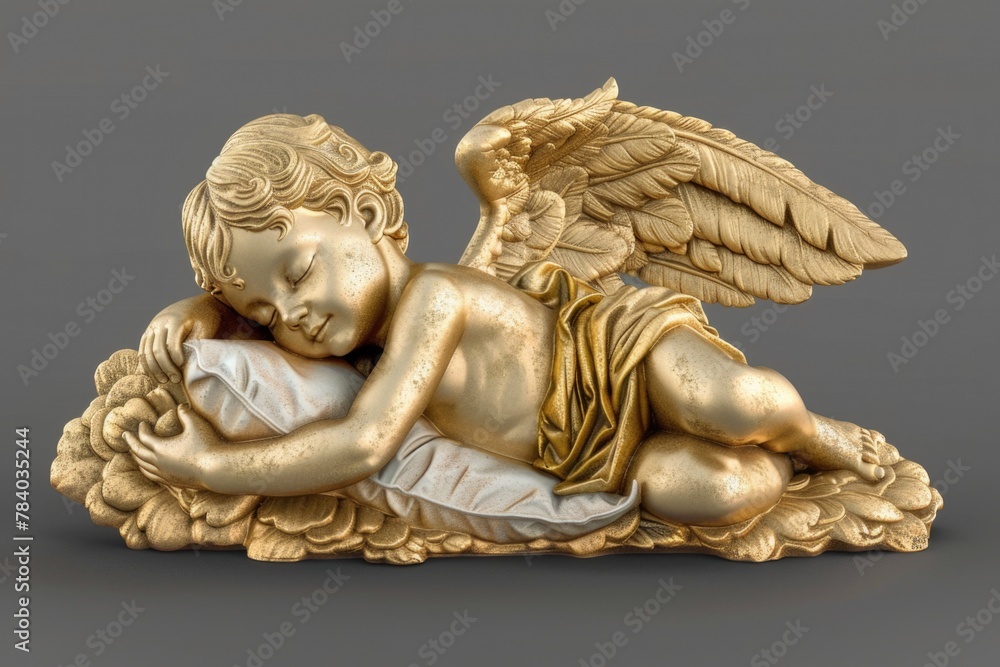 A gold statue of an angel sleeping on a pillow. Suitable for religious or spiritual concepts