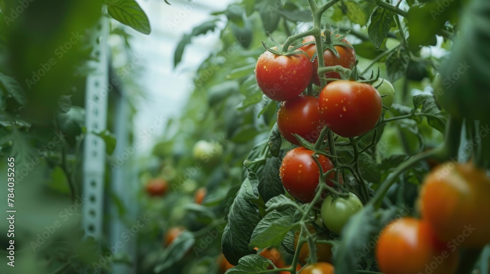 Fresh tomatoes growing in a greenhouse. Ideal for agricultural concepts Fresh tomatoes growing in a greenhouse. Ideal for agricultural concepts