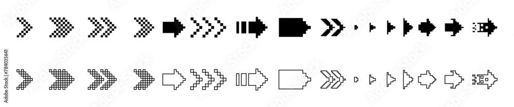 Image of pixel arrows. 8-bit black pixel arrows on a white background. abstract arrow in pixel art. Eps 10