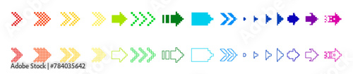 Image of pixel arrows. 8-bit Rainbow pixel arrows on a white background. abstract Rainbow arrow in pixel art. Eps 10 photo