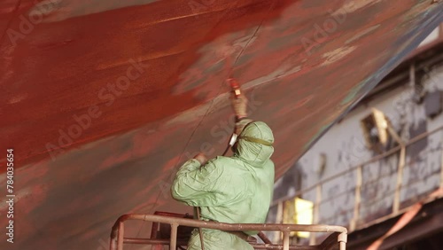 Worker in protective gear applies red paint to ship hull in dry dock. Industrial painting, maintenance against rust, maritime vessel refurbishment process. Shipyard worker, safety equipment in use.
