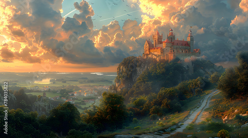 Old fairytale castle on the hill. Fantasy landscape illustration.