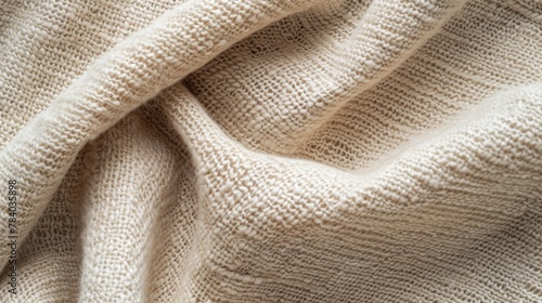 Background with draped beige cotton fabric. Detailed view of beige fabric with visible threads and weaves creating a natural pattern illuminated by soft lighting.