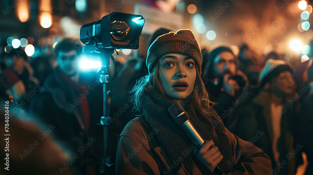 a woman with a microphone in a crowd of people in the street at night with a press hat on
