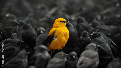 a vibrant yellow bird stands out prominently among a group of dark-colored birds.