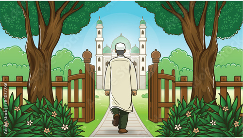 Muslim sheikh, heading to the mosque, in front of the mosque, cartoon