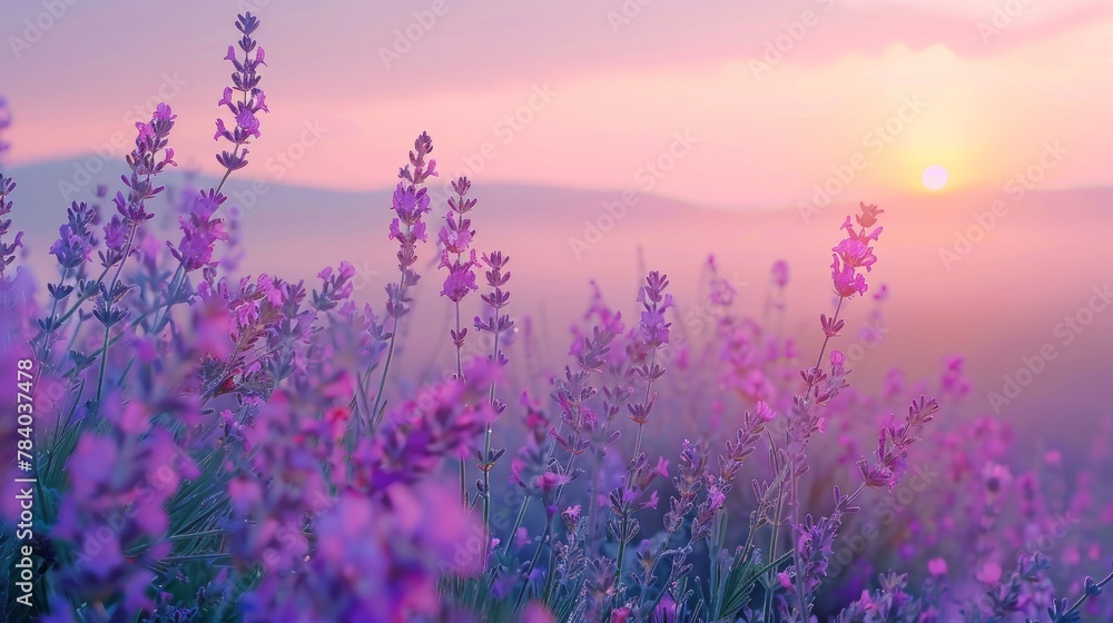 Colorful flowering lavandula or lavender field in the dawn light. A light morning mist at the background.  - obrazy, fototapety, plakaty 