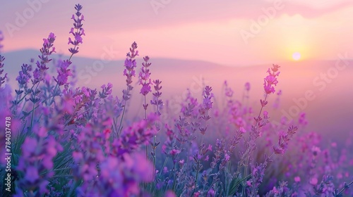 Colorful flowering lavandula or lavender field in the dawn light. A light morning mist at the background. 