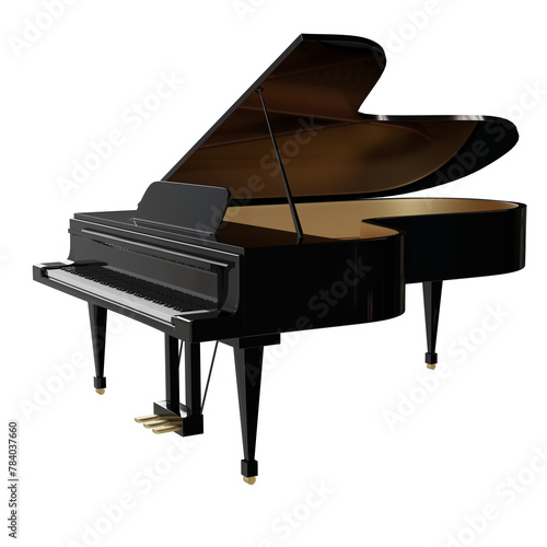 3D rendered black grand piano isolated on transparent background