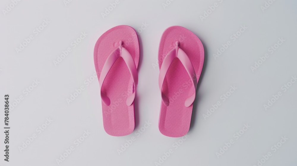 A pair of pink flip flops on sandy beach. Perfect for summer vacation concept - obrazy, fototapety, plakaty 