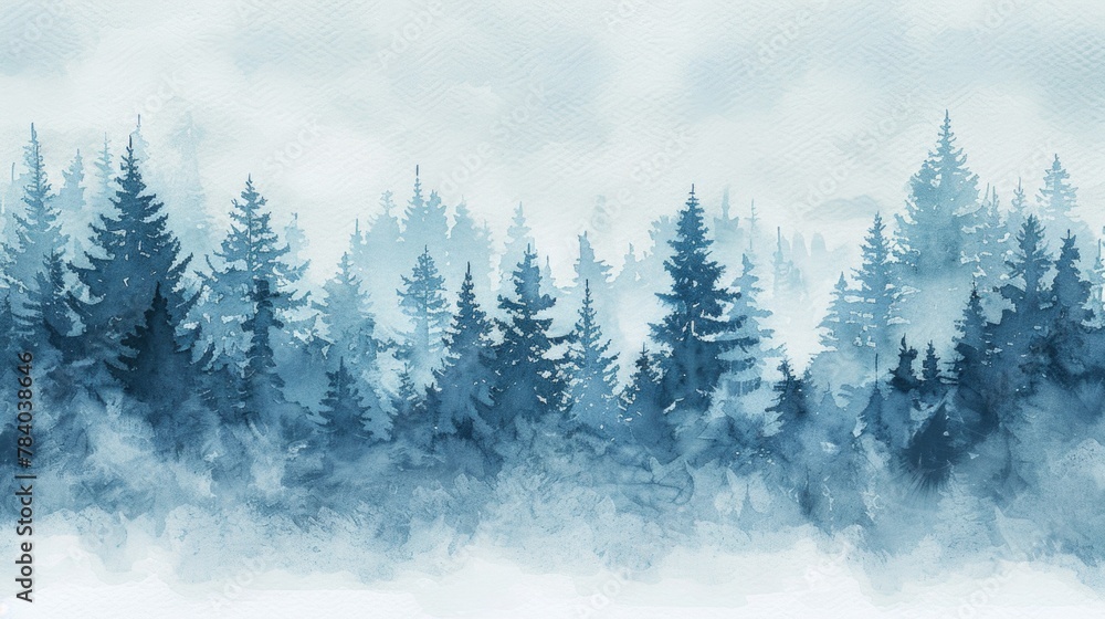 Watercolor painting of a line of pine trees. Suitable for nature-themed designs - obrazy, fototapety, plakaty 