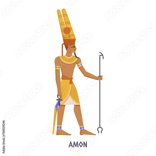 A vector illustration of the Egyptian god Amun in a stylized form on a plain background, representing ancient mythology. Vector illustration