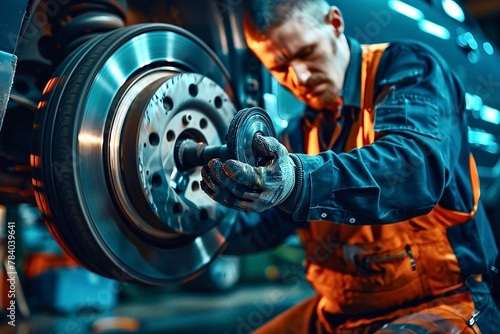 Repairman in uniform working with brake disc in auto repair shop. Auto service industry. photo