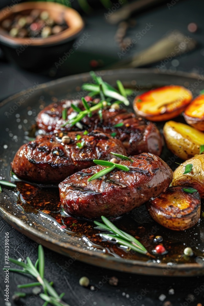 A plate of meat and potatoes on a table, suitable for food and cooking concepts A plate of meat and potatoes on a table, suitable for food and cooking concepts
