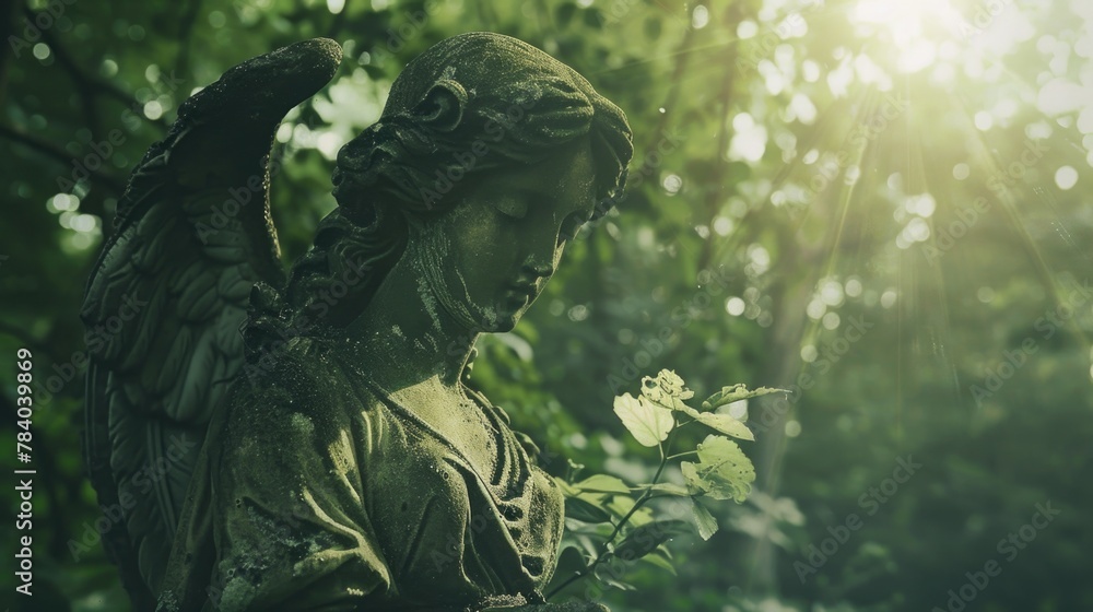 Fototapeta premium Angelic statue holding a delicate flower, suitable for religious or memorial themes