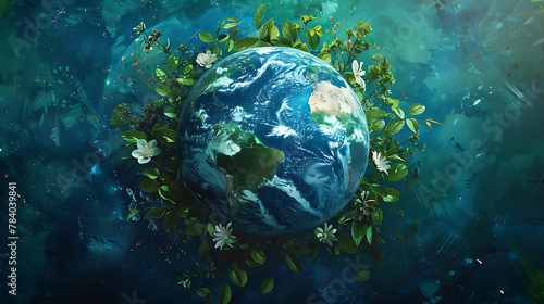 a stylized, artistic representation of our planet Earth. The continents are adorned with various shades of green, symbolizing lush vegetation and natural beauty.