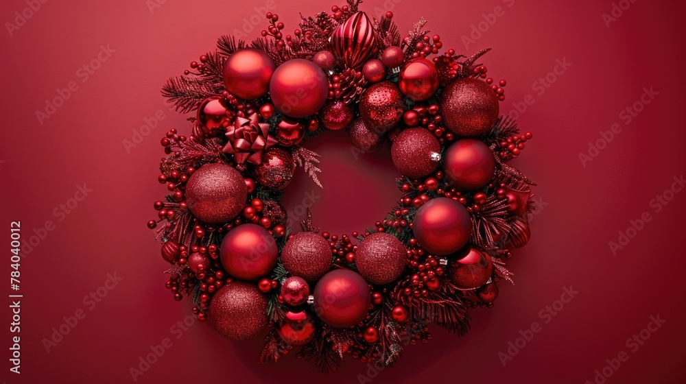 Festive red Christmas wreath hanging on a red wall. Perfect for holiday decorations Festive red Christmas wreath hanging on a red wall. Perfect for holiday decorations